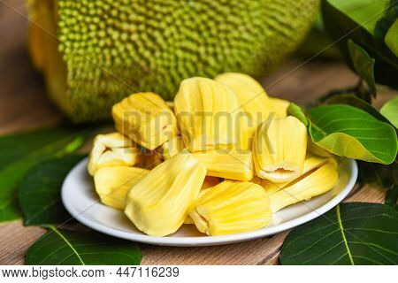 Jackfruit On White Plate With Leaf, Ripe Jackfruit Peeled Tropical Fruit Fresh From Jackfruit Tree