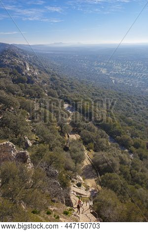 Monfrague National Park, Caceres, Extremadura, Spain. Visitors Descending Castle Stairs