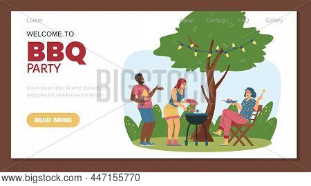 Neighbors Have Barbecue Party Outside, Flat Vector Illustration. Woman Grill Food On The Stick, Blac