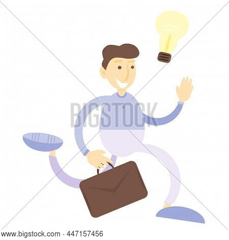 Office Worker With A Briefcase In His Hand. The Employee Runs To Tell The Idea. An Idea Came.
