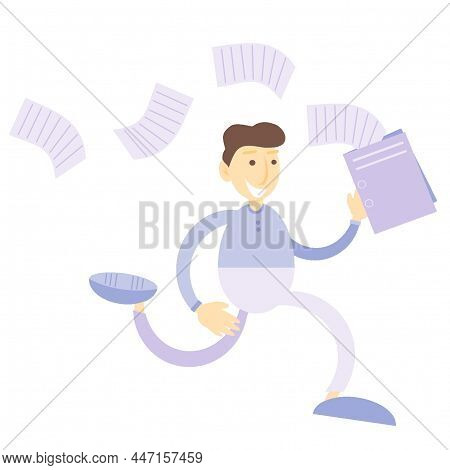 Employee Running To A Meeting. Office Worker Lost Documents.