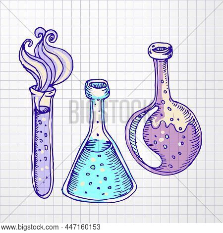 Back To School: Doodle Style Science Laboratory Beakers And Test Tubes
