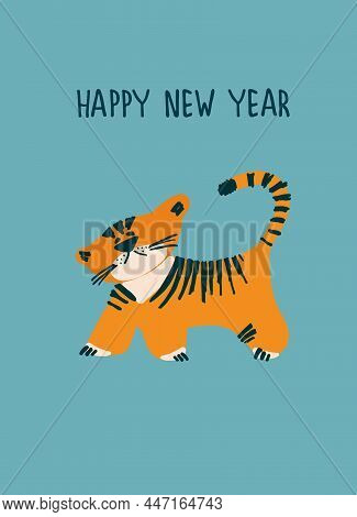 New Year Greeting Card With Water Tiger, Zodiac Animal For 2022. Horoscope Bull And Hand-lettered Gr