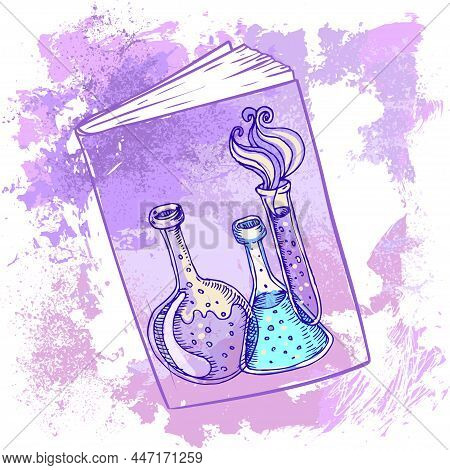Back To School: Doodle Style Science Laboratory Beakers And Test Tubes Illustration On A Books Cover