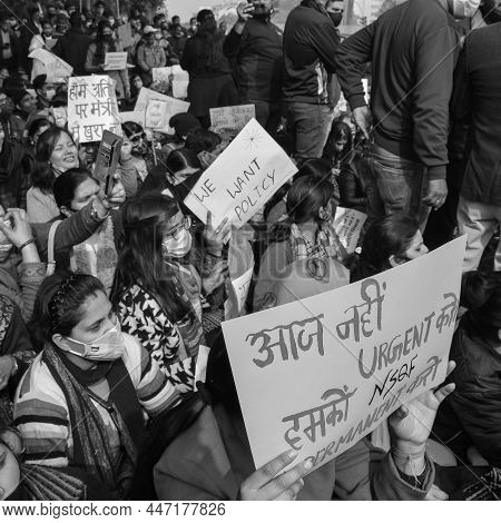 Delhi, India December 25 2021 : Delhi Contractual Guest Teachers With Posters, Flags And Graffiti’s