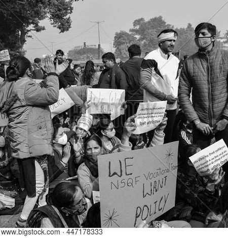 Delhi, India December 25 2021 : Delhi Contractual Guest Teachers With Posters, Flags And Graffiti’s
