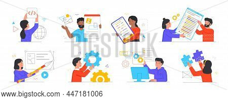 Software Development Concept. Set Of Men And Women Programming New Apps, Websites Or Games. Characte