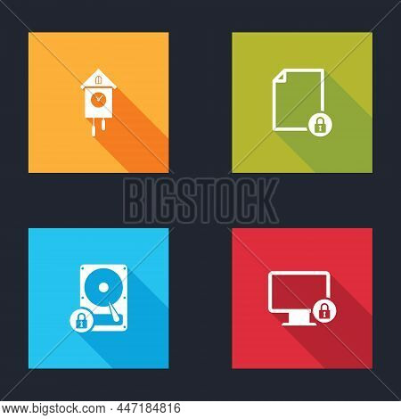 Set Retro Wall Watch, Document And Lock, Hard Disk Drive And Lock On Monitor Icon. Vector