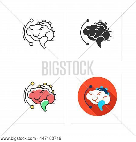 Brainstorming Icons Set. Effective Brain With Gear. Creative Art Idea Production And Thinking Proces