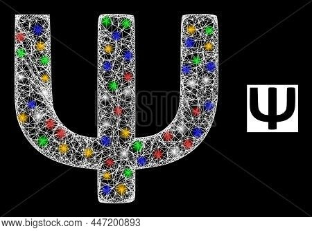 Shiny Net Mesh Psi Greek Symbol With Colorful Flash Nodes. Illuminated Vector Mesh Created From Psi 