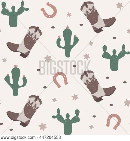 Western Elements Seamless Pattern With Cowboy Boots, Cactuses, Horseshoes And Sheriff Badges.