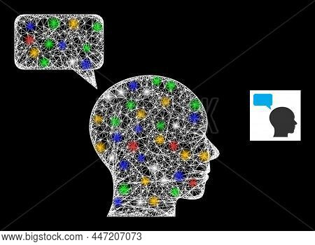 Bright Crossing Mesh Man Mention With Multicolored Bright Dots. Illuminated Vector Mesh Created From