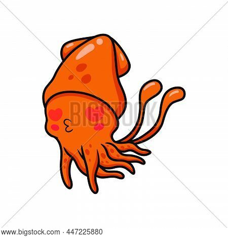 Vector Illustration Of Cute Little Squid Cartoon With Red Heart Eyes