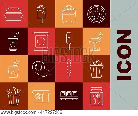 Set Line Online Ordering And Delivery, Popcorn Box, Asian Noodles Chopsticks, Noodles, Bag Packet Po