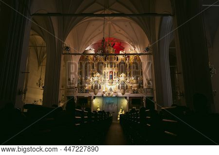 Kaliningrad, Russia - December 15, 2021: Inside View Of Cathedral Hall With Pipe Organ On Kant Islan