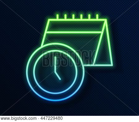 Glowing Neon Line Calendar And Clock Icon Isolated On Blue Background. Schedule, Appointment, Organi