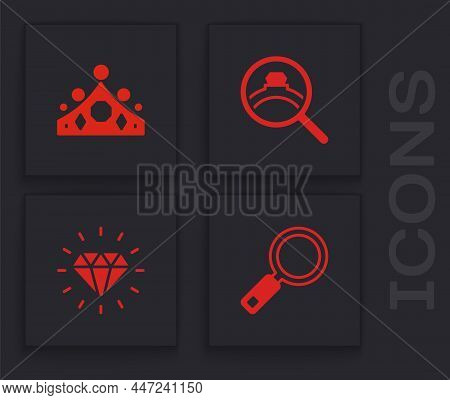 Set Magnifying Glass, King Crown, Diamond Engagement Ring And Icon. Vector