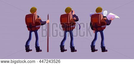 Hiker With Backpack Rear View, Traveler Man Cartoon Character Holding Map, Staff, Shoot Pictures In 