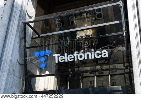 Madrid, Spain - October 10, 2021: Telefonica Telecommunication Company Sign On The Facade Of The Mai