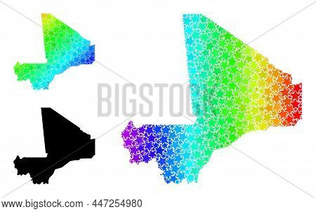 Rainbow Gradiented Star Mosaic Map Of Mali. Vector Colored Map Of Mali With Spectrum Gradients. Mosa