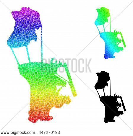 Rainbow Gradiented Star Mosaic Map Of Macau. Vector Colored Map Of Macau With Spectrum Gradients. Mo