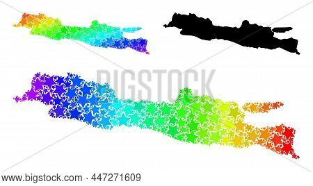 Spectrum Gradiented Star Mosaic Map Of Java Island. Vector Colored Map Of Java Island With Spectrum 