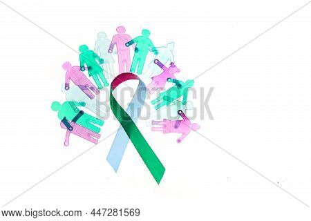 Rare Disease Day Background. Colorful Awareness Ribbon With Group Of People With Rare Diseases.