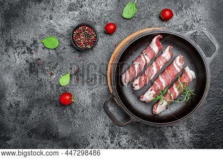 Kofta Kebab Or Chevapchichi. Sausages Minced Meat Wrapped In Bacon. Healthy Fats, Clean Eating For W