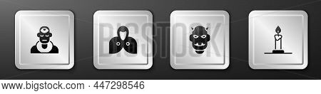 Set Wizard Warlock, Mantle, Cloak, Cape, Mask Of The Devil With Horns And Burning Candle In Candlest