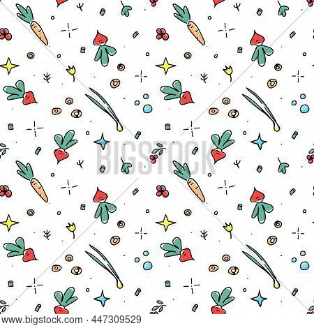 Seamless Pattern With Vegetables: Carrot, Beetroot And Chives. Vector Illustration