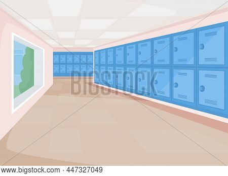 Empty School Passageway Flat Color Vector Illustration. Educational Space, High School Lobby. Colleg