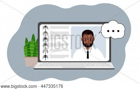 Online Webinar Or Online Training. Laptop With The Image Of Online Communication Of Men And Women. V