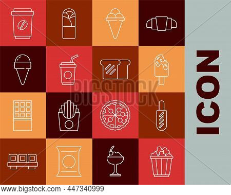 Set Line Popcorn In Box, Hotdog Sandwich, Ice Cream, Waffle Cone, Paper Glass With Straw, Coffee Cup