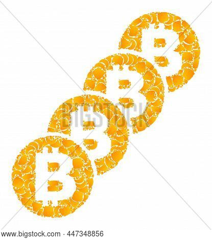 Vector Gold Bitcoin Coin Blockchain Mosaic Icon. Bitcoin Coin Blockchain Is Isolated On A White Back