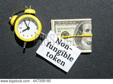Nft Non-fungible Token Text. Concept Words Nft Non-fungible Token On Paper Blank. Background Of Doll