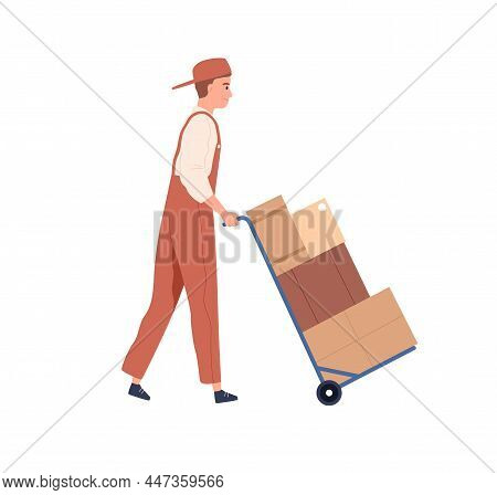 Man Carrying Heavy Goods In Cardboard Boxes On Dolly. Carrier With Cargo On Delivery Trolley. Loader