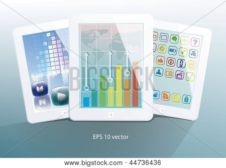 Conjunto de tablets blanco. con aplicaciones en pantallas. Ilustración del vector.