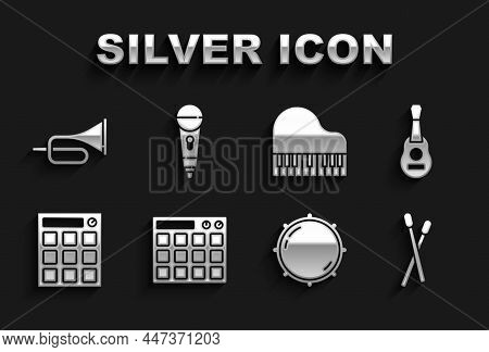 Set Drum Machine, Guitar, Sticks, Dial Knob Level, Grand Piano, Trumpet And Microphone Icon. Vector
