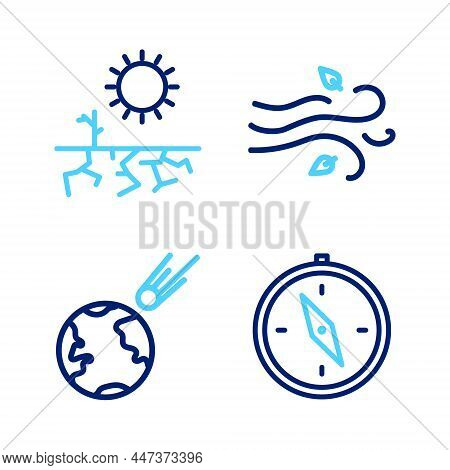Set Line Compass, Comet Falling Down Fast, Wind And Drought Icon. Vector
