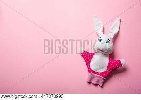 Banner With Easter Bunny Isolated On Pink Background With Copy Space, Empty Text Place. Education To