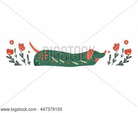 Vector Postcard With A Dog And A Floral Pattern. Stylized Dachshund With Folk Art. Clipart With Styl
