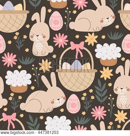 Seamless Pattern With Cartoon Bunny, Egg,  Easter Cake, Decor Elements. Festive Colorful Vector For 