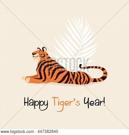 Chinese New Year 2022 Concept. Vector Hand Drawn Tiger. Noble Tigerin Flat Or Cartoon Style. Happy N