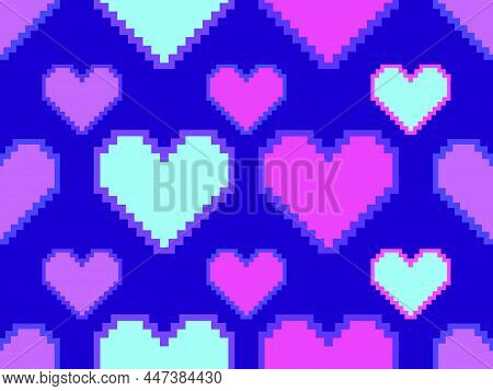 Pixel Art Hearts Seamless Pattern. 8-bit Hearts With Stroke. Retro 8-bit Video Game. Design For Prin