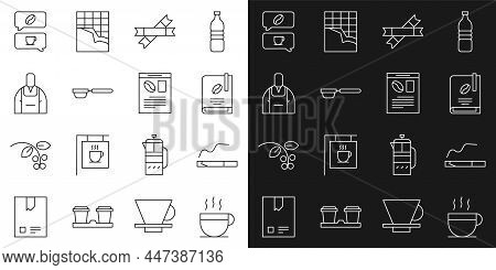 Set Line Coffee Cup, Cigarette, Book, Sugar Stick Packets, Filter Holder, Barista, And Conversation 