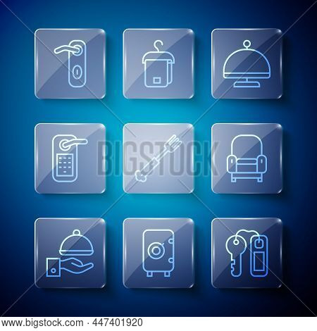 Set Line Covered With Tray, Safe, Hotel Door Lock Key, Fork, Digital, Door Handle And Armchair Icon.