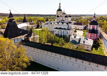 Side View Of The Walls And Temples Of The Ancient Orthodox Pafnutiy Borovsky Monastery. Borovsk, Rus