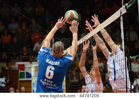 KAPOSVAR, Ungarn - 15 APRIL: Balint Magyar (i blåt) i aktion på en ungarsk mesterskab
