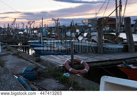 Gorino,italy-march 31,2018:view Of The Moorings Of Gorino, A Village In The Delta Del Po Park During