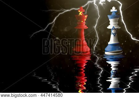 Israel And China Flags Paint Over On Chess King. 3d Illustration China Vs Israel Crisis.